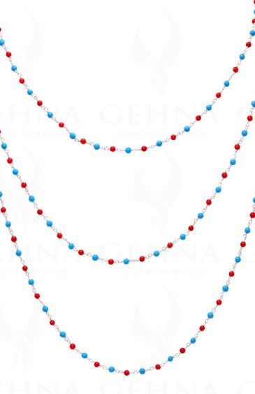 Turquoise & Coral Gemstone Bead Chain Knotted In .925 Sterling Silver CS-1130