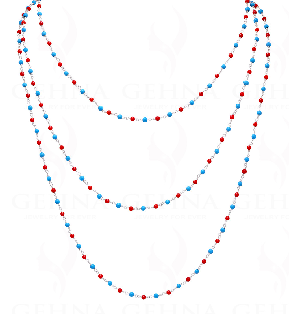 Turquoise & Coral Gemstone Bead Chain Knotted In .925 Sterling Silver CS-1130