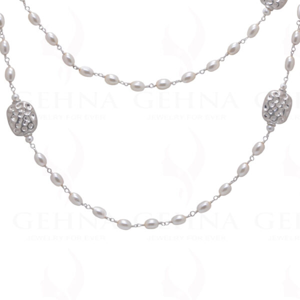 44" Inches Long Pearl Knotted Chain With Silver Elements Cm1130