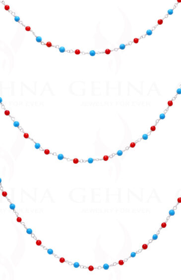 Turquoise & Coral Gemstone Bead Chain Knotted In .925 Sterling Silver CS-1130