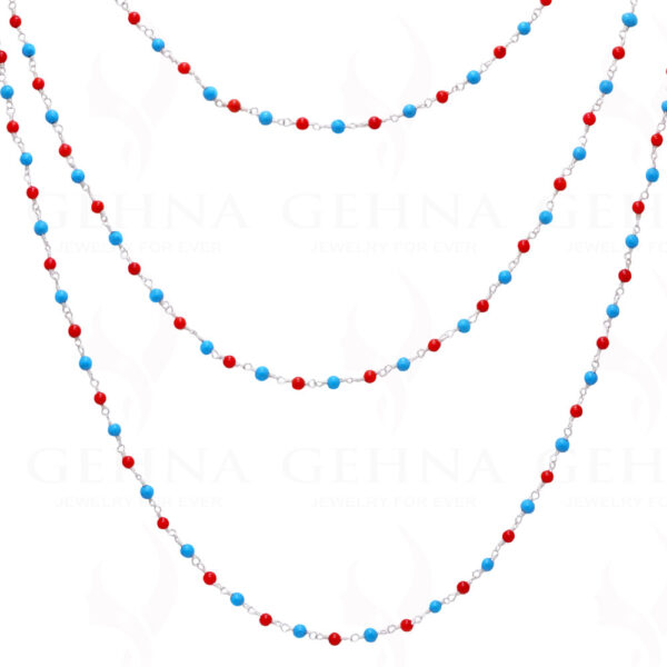 Turquoise & Coral Gemstone Bead Chain Knotted In .925 Sterling Silver CS-1130