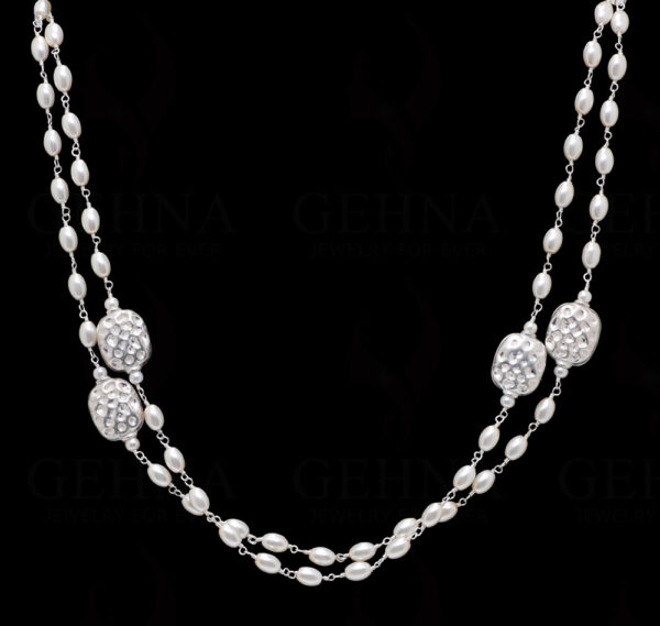 44" Inches Long Pearl Knotted Chain With Silver Elements Cm1130