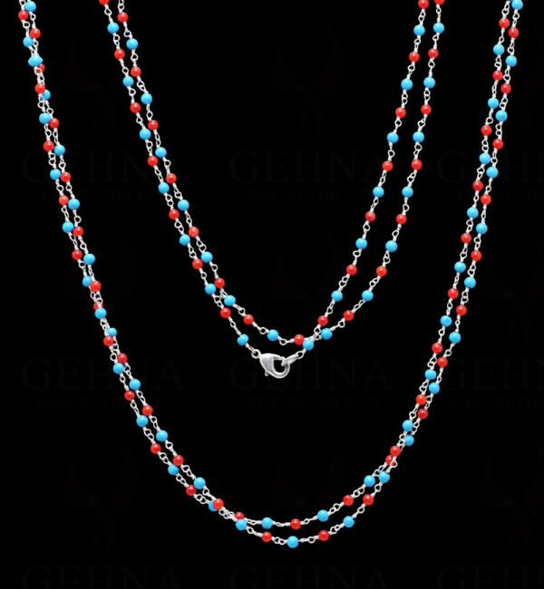 Turquoise & Coral Gemstone Bead Chain Knotted In .925 Sterling Silver CS-1130