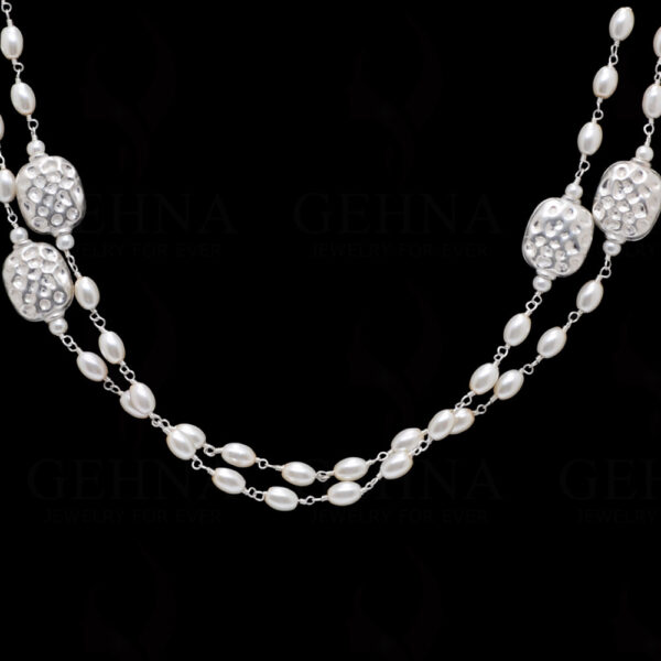 44" Inches Long Pearl Knotted Chain With Silver Elements Cm1130