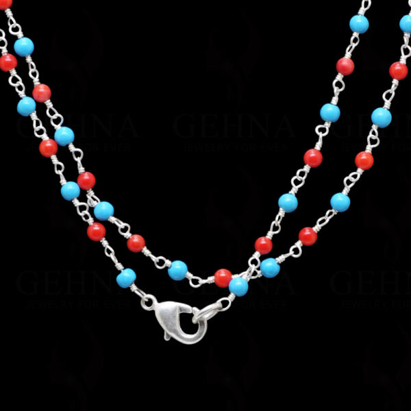 Turquoise & Coral Gemstone Bead Chain Knotted In .925 Sterling Silver CS-1130