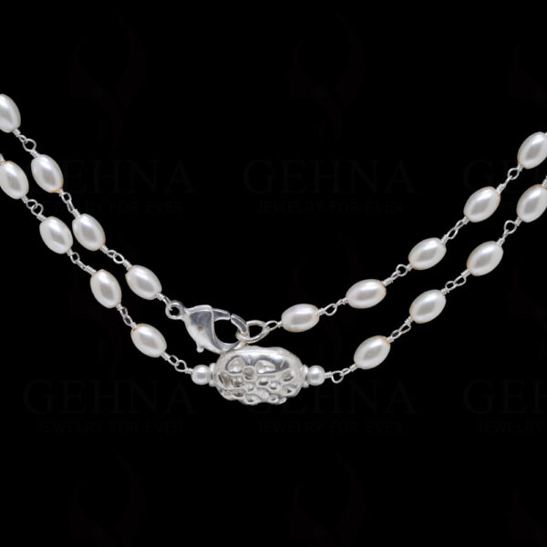 44" Inches Long Pearl Knotted Chain With Silver Elements Cm1130