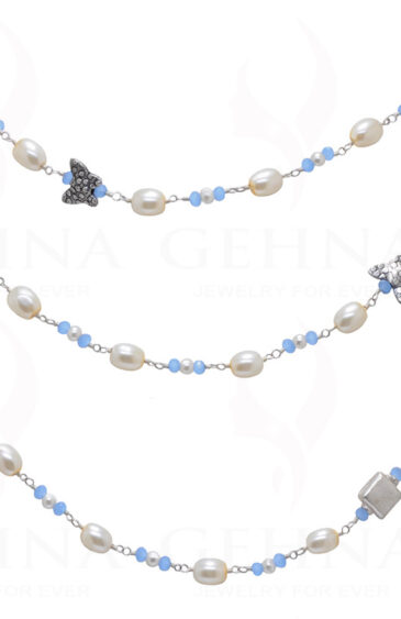 52″ Inches Long Pearl & Blue Chalcedony Knotted Chain With Silver Element Cm1131