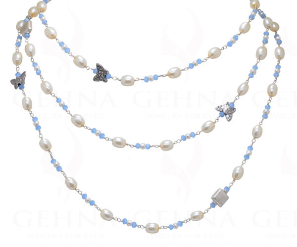 52" Inches Long Pearl & Blue Chalcedony Knotted Chain With Silver Element Cm1131