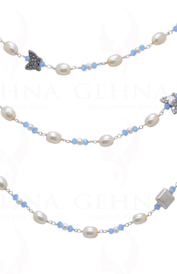 52″ Inches Long Pearl & Blue Chalcedony Knotted Chain With Silver Element Cm1131