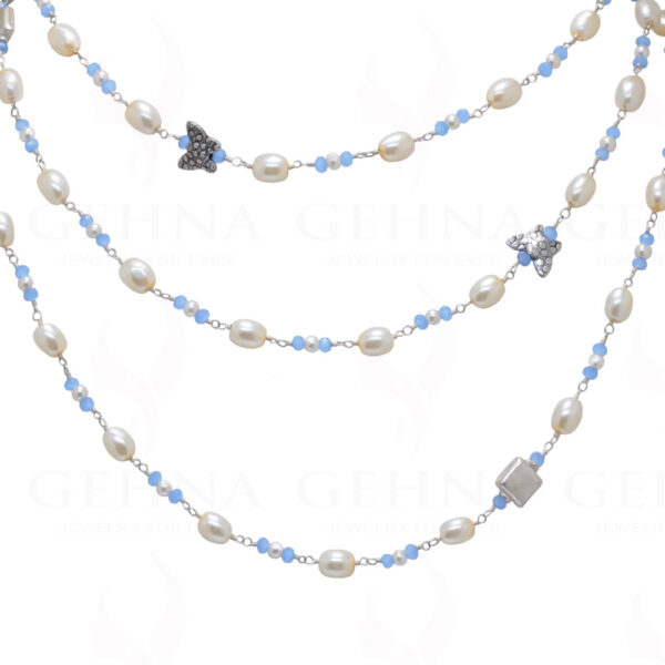 52" Inches Long Pearl & Blue Chalcedony Knotted Chain With Silver Element Cm1131