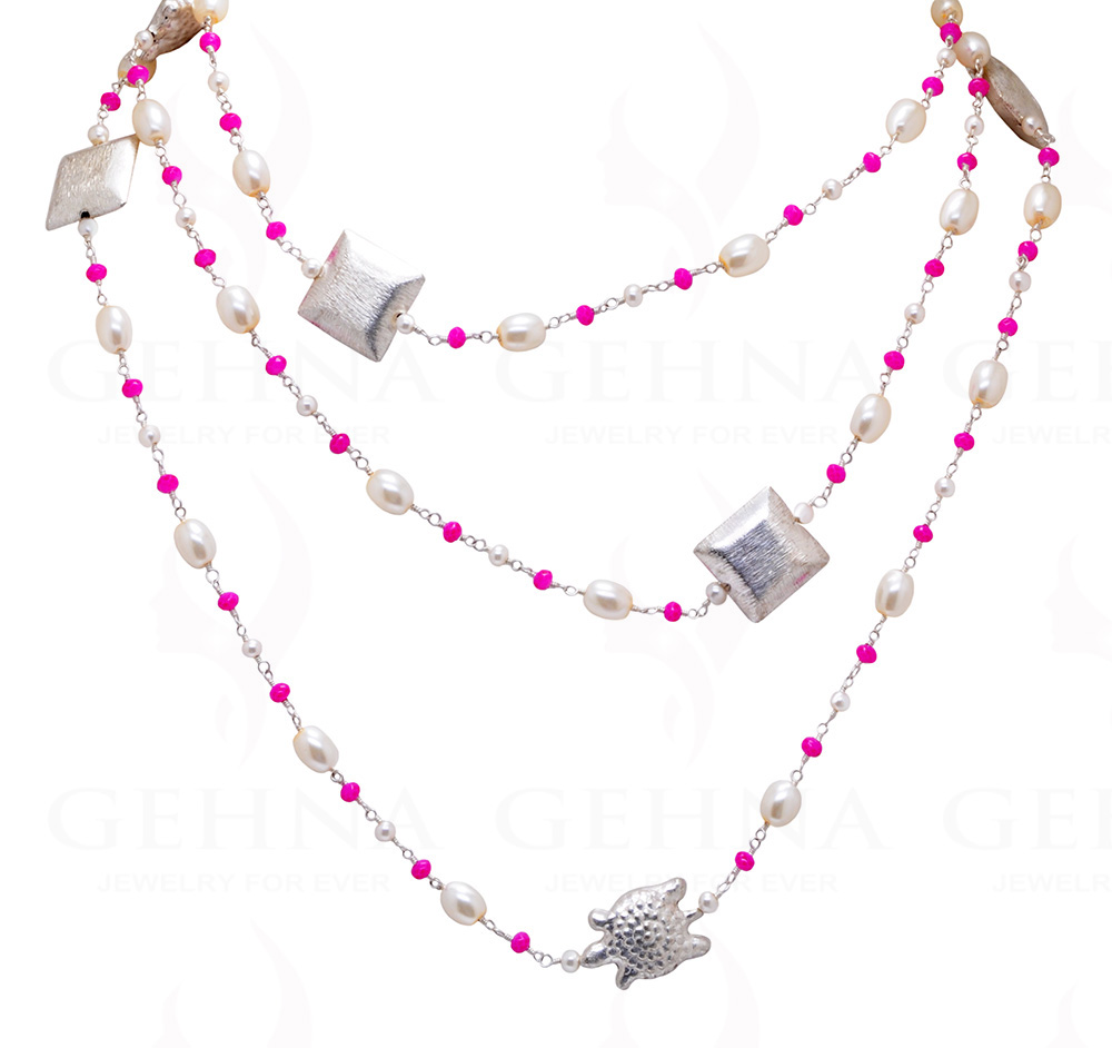 54" Inches Long Pearl & Pink Chalcedony Knotted Chain With Silver Element Cm1132