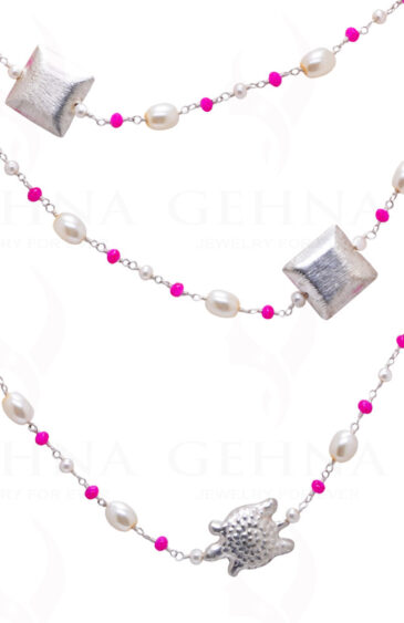 54″ Inches Long Pearl & Pink Chalcedony Knotted Chain With Silver Element Cm1132