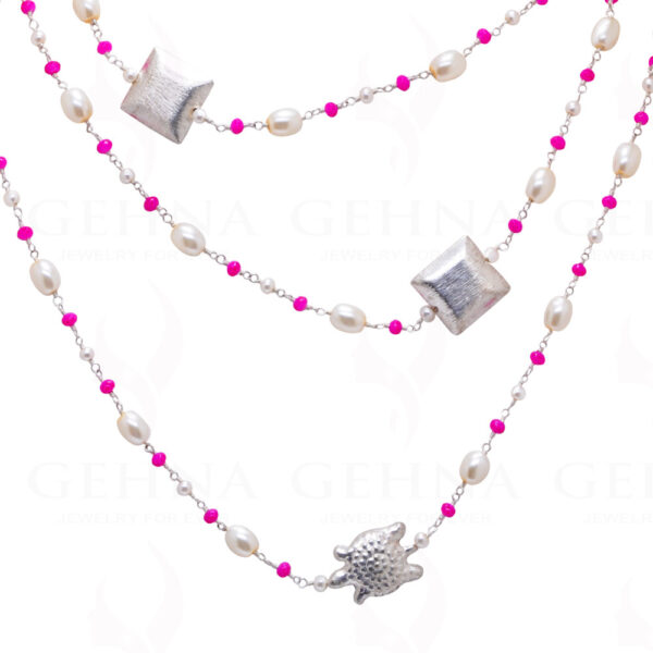 54" Inches Long Pearl & Pink Chalcedony Knotted Chain With Silver Element Cm1132
