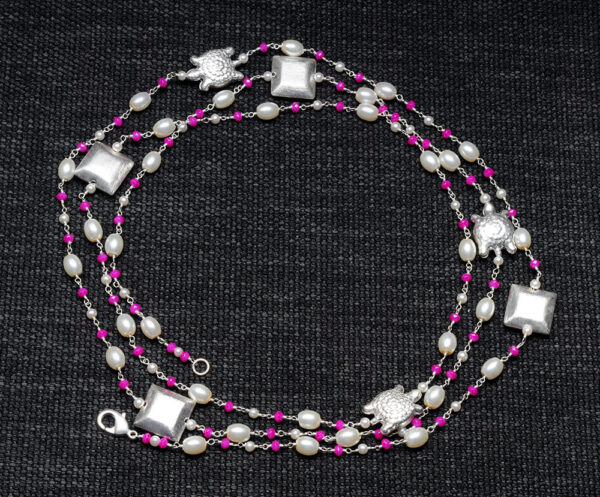 54" Inches Long Pearl & Pink Chalcedony Knotted Chain With Silver Element Cm1132