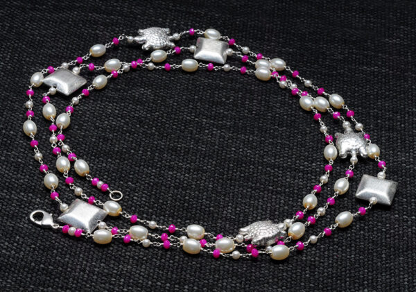 54" Inches Long Pearl & Pink Chalcedony Knotted Chain With Silver Element Cm1132