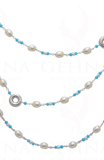 56″ Inches Long Pearl & Blue Chalcedony Knotted Chain With Silver Element Cm1133