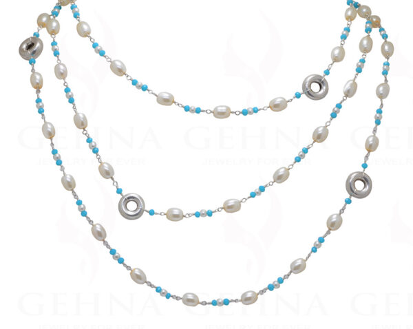 56" Inches Long Pearl & Blue Chalcedony Knotted Chain With Silver Element Cm1133