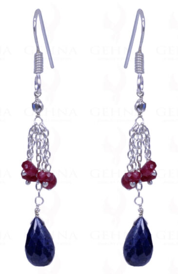Blue Sapphire Drops & Ruby Gemstone Earrings Made In .925 Sterling Silver ES-1133