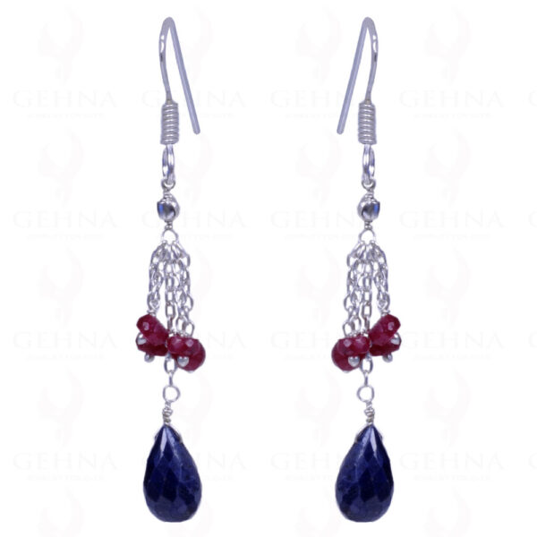 Blue Sapphire Drops & Ruby Gemstone Earrings Made In .925 Sterling Silver ES-1133