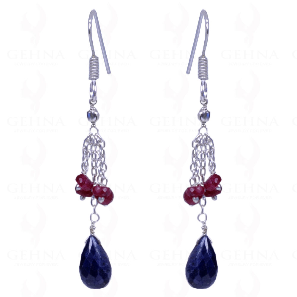 Blue Sapphire Drops & Ruby Gemstone Earrings Made In .925 Sterling Silver ES-1133