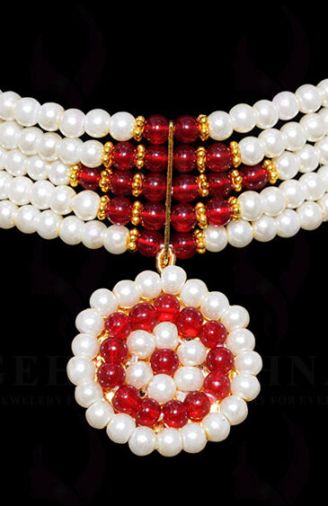 Pearl & Red Garnet Gemstone Beaded Necklace NM-1133