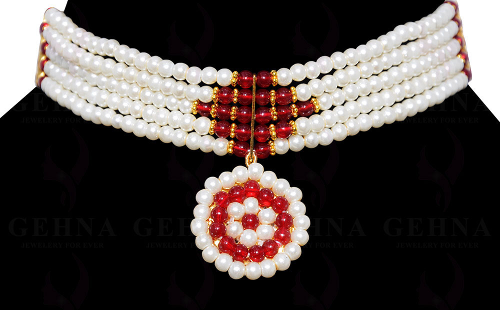 Pearl & Red Garnet Gemstone Beaded Necklace NM-1133