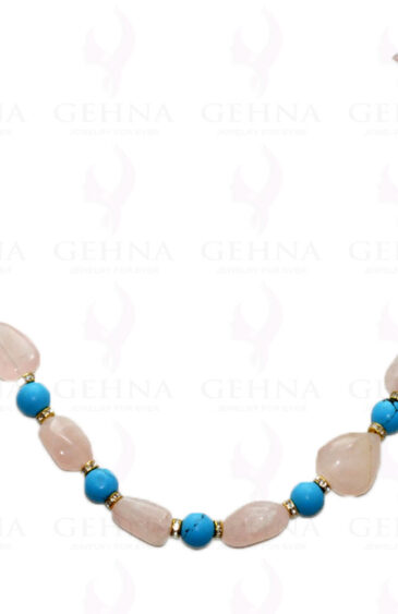 Rose Quartz Tumble & Turquoise Necklace Set With Silver Elements & NS-1133