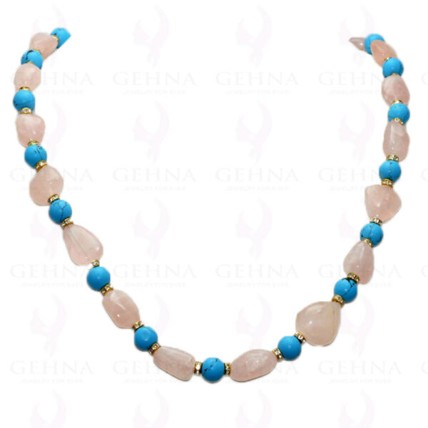 Rose Quartz Tumble & Turquoise Necklace Set With Silver Elements & NS-1133