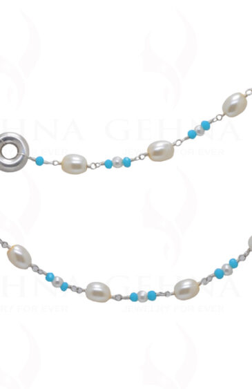 56″ Inches Long Pearl & Blue Chalcedony Knotted Chain With Silver Element Cm1133
