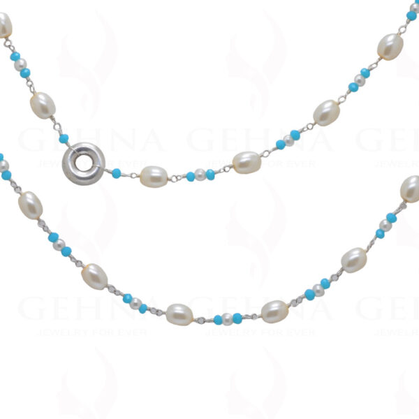 56" Inches Long Pearl & Blue Chalcedony Knotted Chain With Silver Element Cm1133