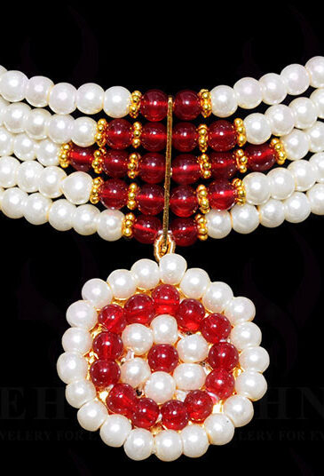 Pearl & Red Garnet Gemstone Beaded Necklace NM-1133