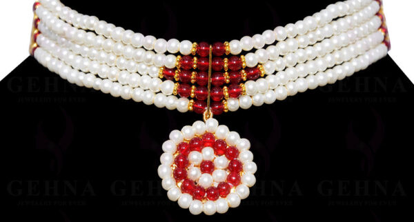 Pearl & Red Garnet Gemstone Beaded Necklace NM-1133