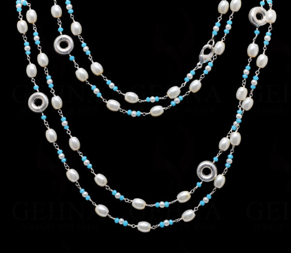 56" Inches Long Pearl & Blue Chalcedony Knotted Chain With Silver Element Cm1133