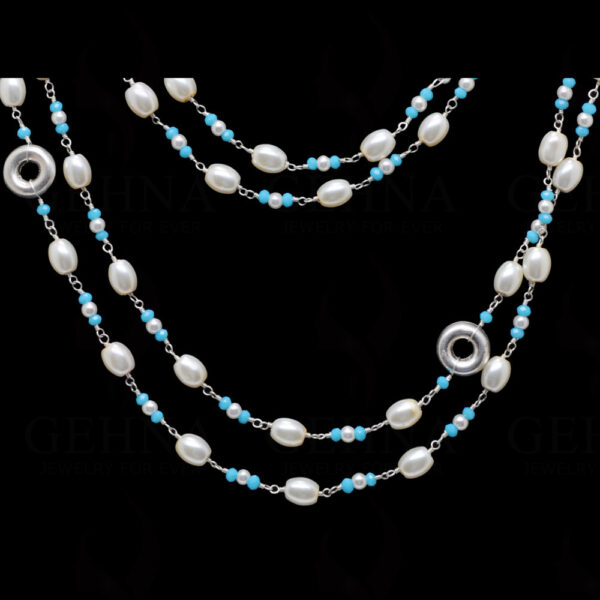 56" Inches Long Pearl & Blue Chalcedony Knotted Chain With Silver Element Cm1133