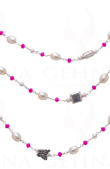 52″ Inches Long Pearl & Pink Chalcedony Knotted Chain With Silver Element Cm1134