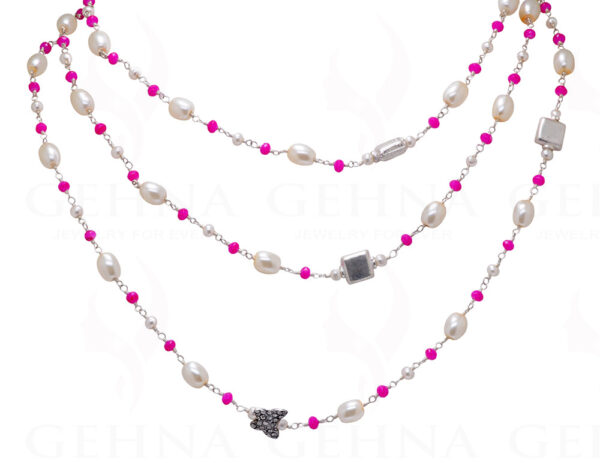 52" Inches Long Pearl & Pink Chalcedony Knotted Chain With Silver Element Cm1134