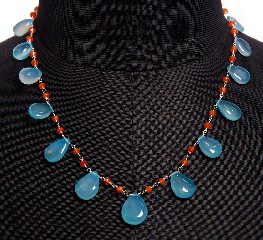 Carnelian & Chalcedony Gemstone Bead Chain  In.925 Sterling Silver CS-1134