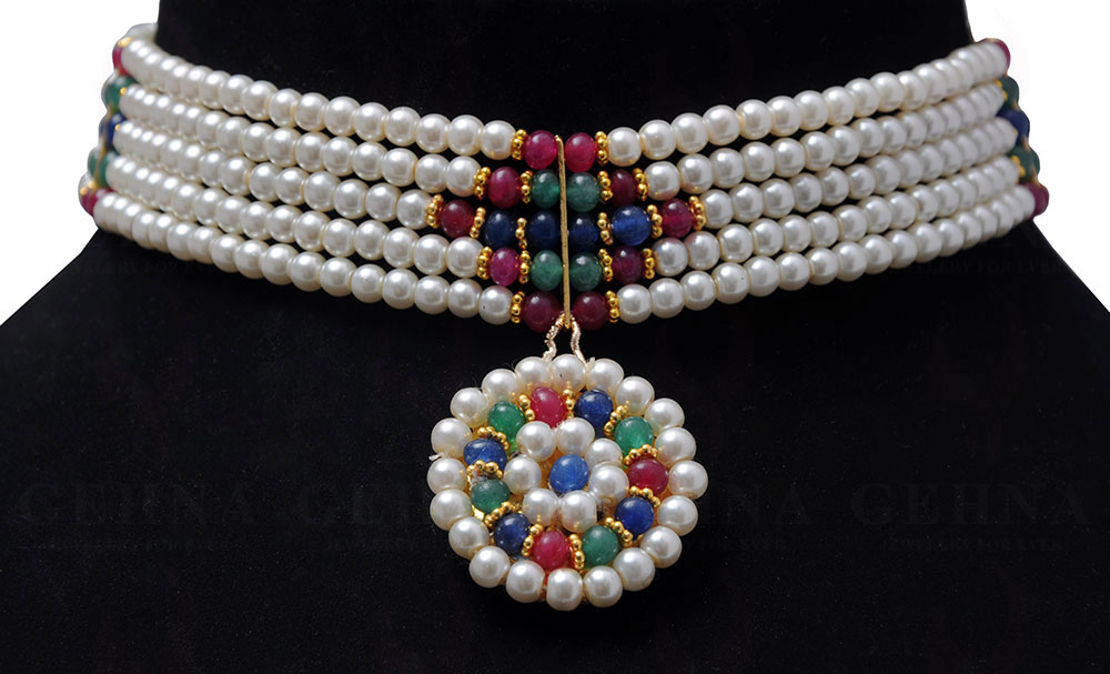 Pearl, Ruby & Emerald Gemstone Beaded Earring & Necklace Set NM-1134