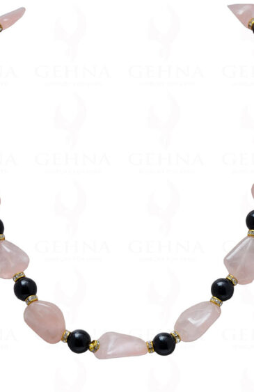 Pink Rose Quartz & Onyx Gemstone Ball Shaped Necklace With Silver Element NS-1134