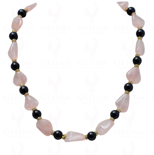 Pink Rose Quartz & Onyx Gemstone Ball Shaped Necklace With Silver Element NS-1134