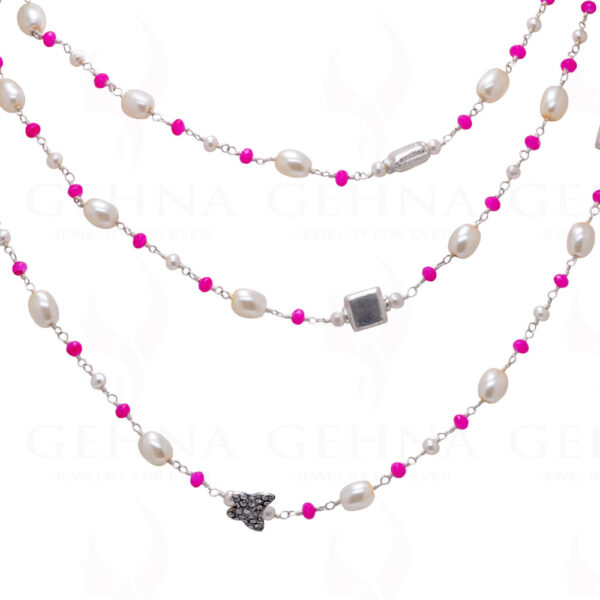 52" Inches Long Pearl & Pink Chalcedony Knotted Chain With Silver Element Cm1134