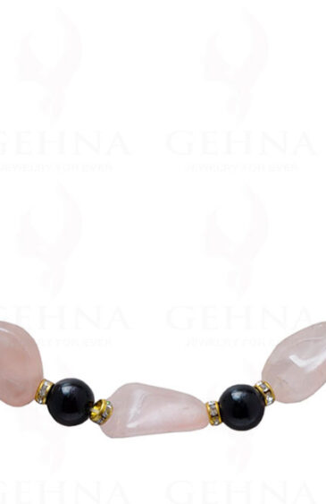 Pink Rose Quartz & Onyx Gemstone Ball Shaped Necklace With Silver Element NS-1134