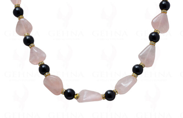 Pink Rose Quartz & Onyx Gemstone Ball Shaped Necklace With Silver Element NS-1134