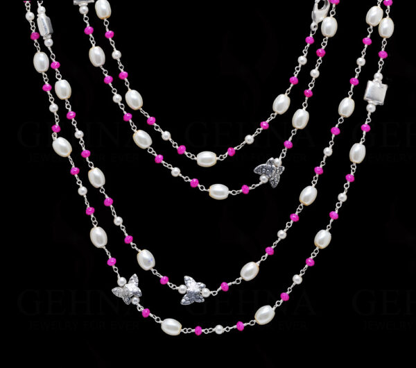 52" Inches Long Pearl & Pink Chalcedony Knotted Chain With Silver Element Cm1134