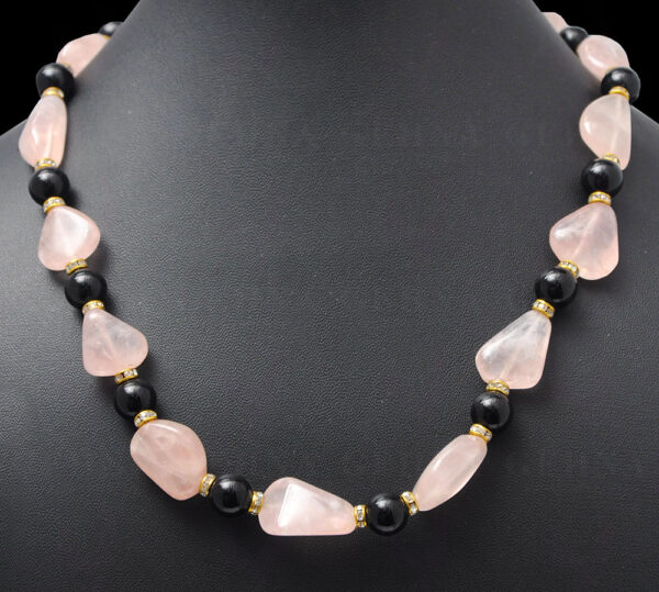 Pink Rose Quartz & Onyx Gemstone Ball Shaped Necklace With Silver Element NS-1134