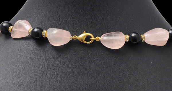 Pink Rose Quartz & Onyx Gemstone Ball Shaped Necklace With Silver Element NS-1134