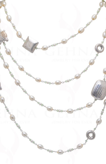 80″ Inches Long Pearl & Chalcedony Knotted Chain With Silver Elements Cm1135