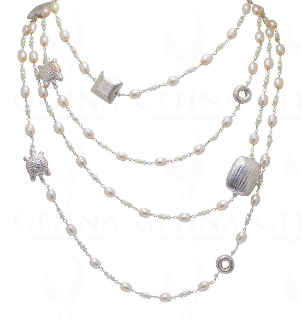 80" Inches Long Pearl & Chalcedony Knotted Chain With Silver Elements Cm1135