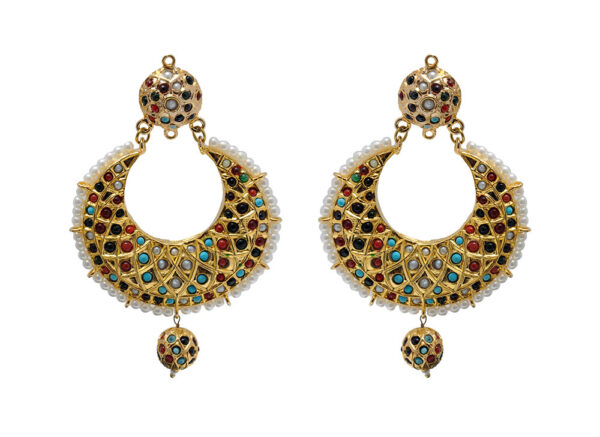 Pearl, Ruby, Emerald & Turquoise Gemstone Studded Chand Bali Earring LE01-1135