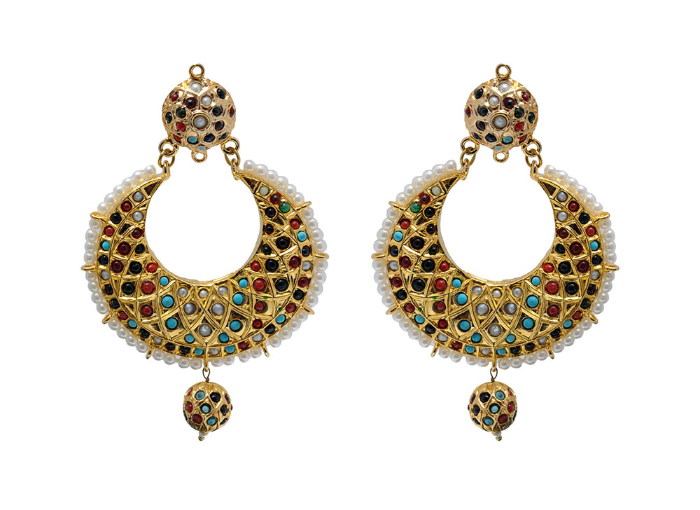 Pearl, Ruby, Emerald & Turquoise Gemstone Studded Chand Bali Earring LE01-1135